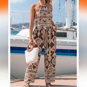 Sleeveless Floral Jumpsuit Halter Tie Wide Leg Dressy Beach Vacation Brown/Wht L